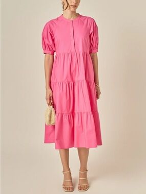 English Factory Pink Tiered Short Puff Sleeve A-Line Midi Dress Size S Regular